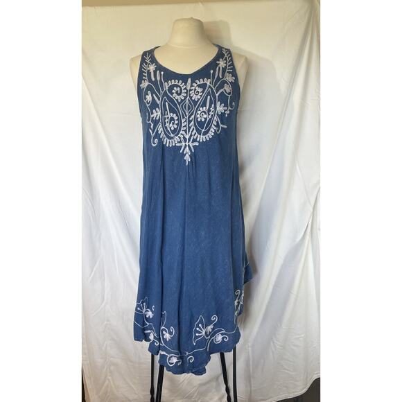 Boho Denim Full Hippie Chic Summer Beach White Embroidered Paisley Floral M/L - Picture 1 of 11